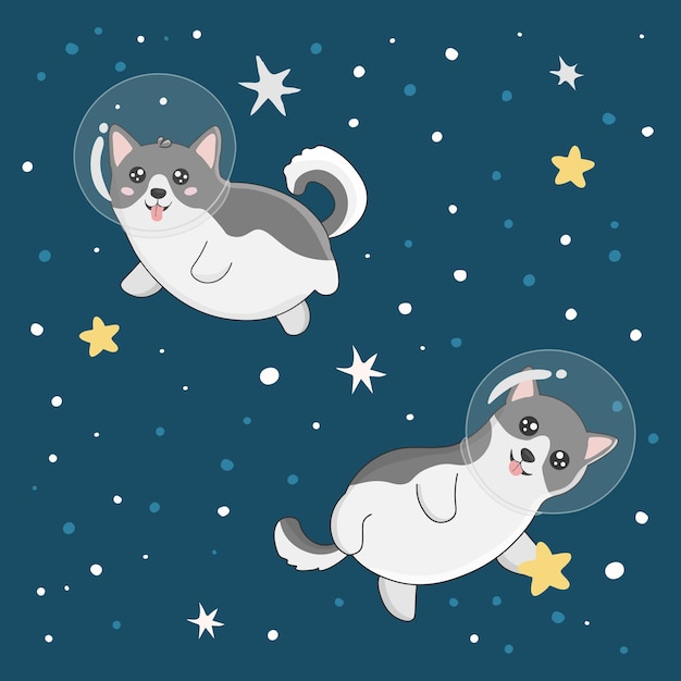 Illustration with cute husky astronauts on starry space background Perfect for posters greeting cards and other design