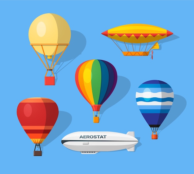 Illustration with different aerostats flat icons. Modern and old.