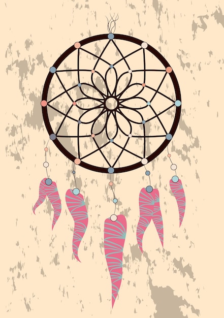 Illustration with hand drawn dream catcher Feathers and beads Doodle drawing