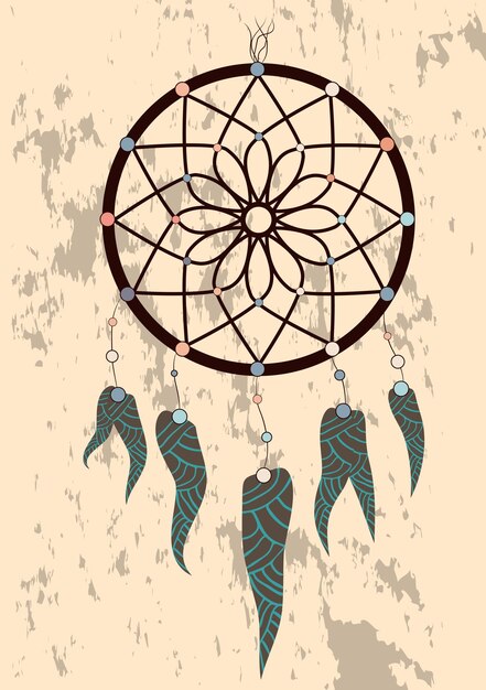 Illustration with hand drawn dream catcher Feathers and beads Doodle drawing