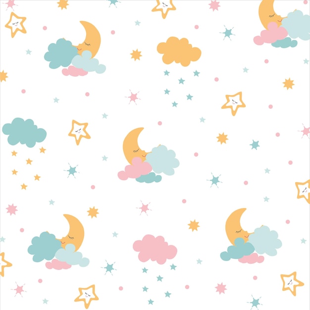 Illustration with hand drawn moon stars clouds in cartoon style Kids room wallpaper