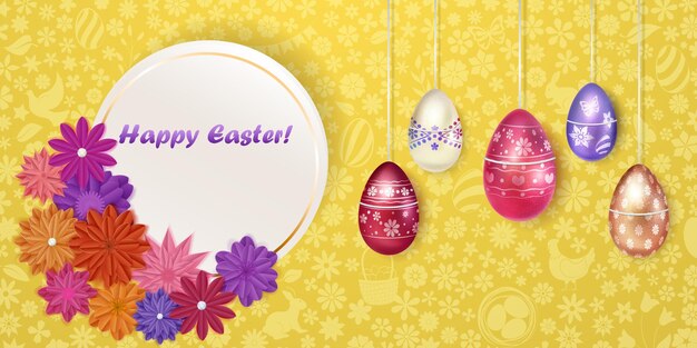 Illustration with inscription flowers and several hanging realistic Easter eggs in various colors with holiday symbols on colorful background