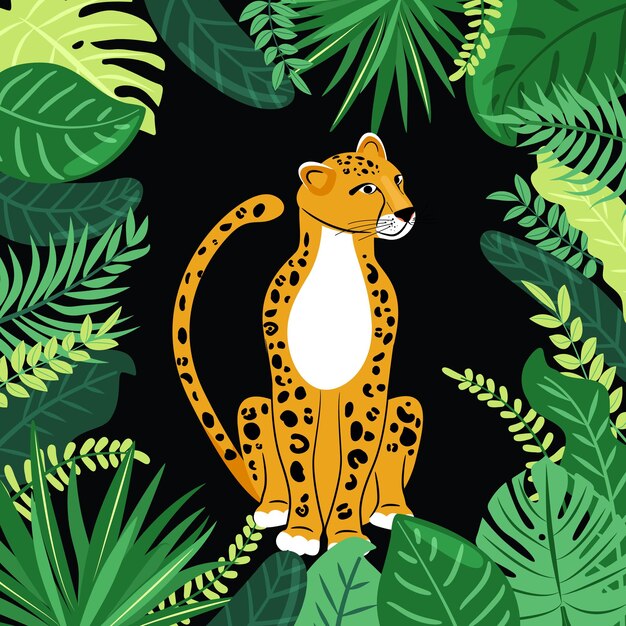 Illustration with leopard and tropical plants Frame of tropical leaves Exotic jungle