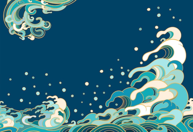 illustration with marine waves in traditional oriental style