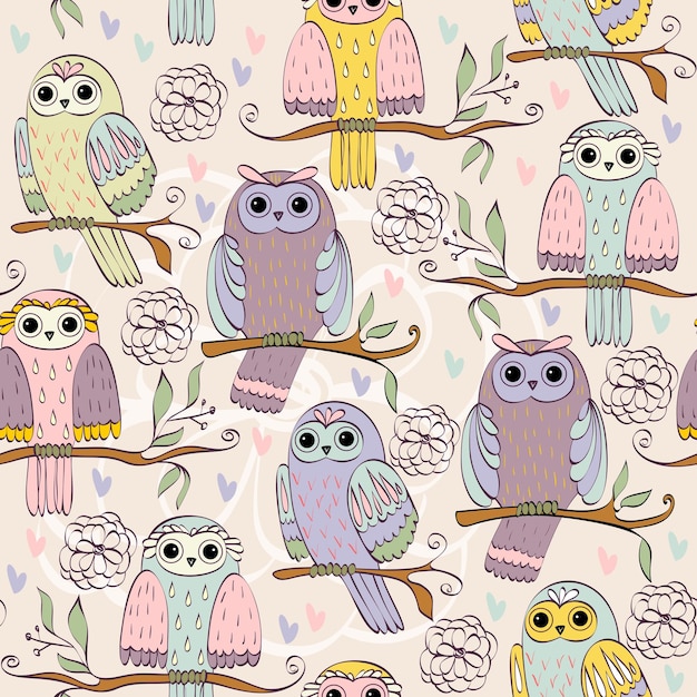 Illustration with owl sitting on the branches