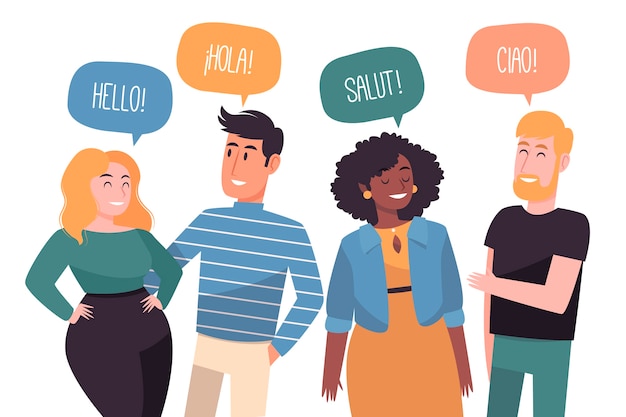 Illustration with people talking in different languages