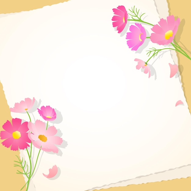 Illustration with pink cosmos flowers and letter papers.