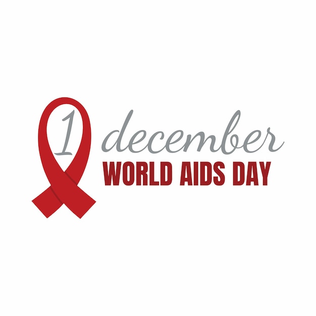 Illustration with a red ribbon in the shape of a drop of blood and the inscription December 1 world AIDS day.