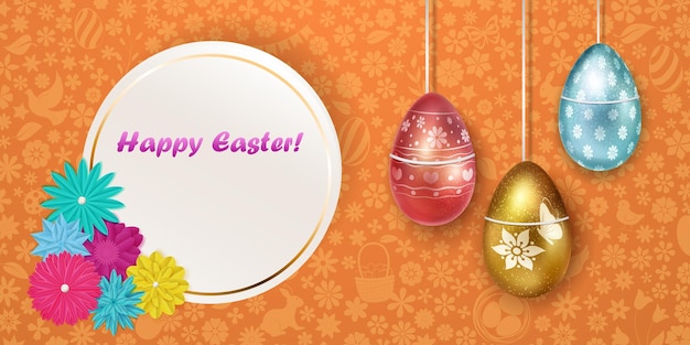 Illustration with several hanging realistic Easter eggs in various colors with holiday symbols glares and shadows on colorful background