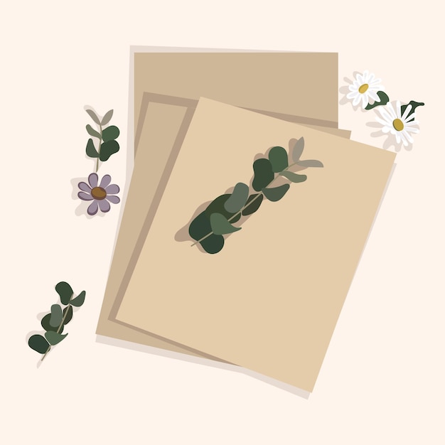 Vector illustration with several sheets of vintage paper on a white background with branches and flowers