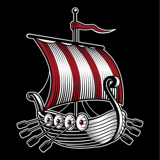  illustration with ship of viking .  on dark background.