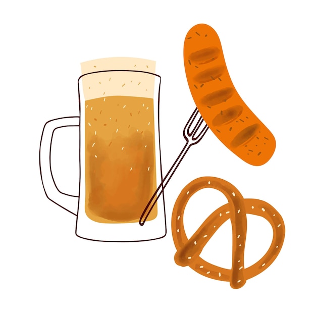 Illustration with stylized beer mug with traditional snack pretzel grilled sausage on white background