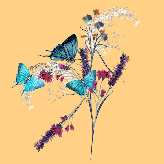 Illustration with vector beautiful blue butterflies and flowers for design