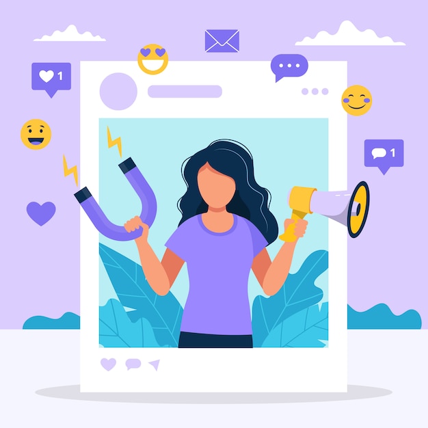 Illustration with woman holding megaphone and magnet in the social profile frame.