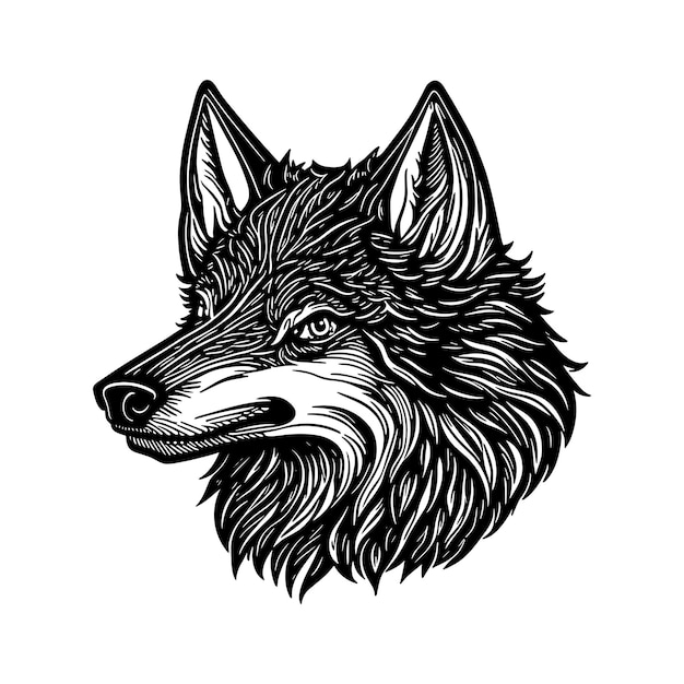 illustration of wolf head in style of linocut engraving woodcut black and white white background