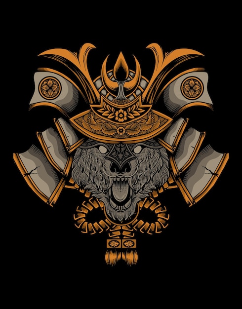 Illustration wolf head with samurai helmet