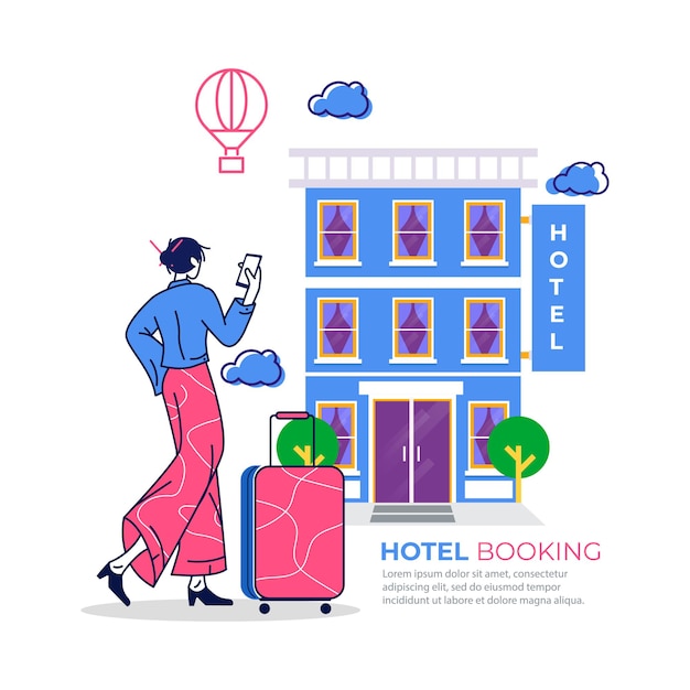 Illustration woman booking hotel with app