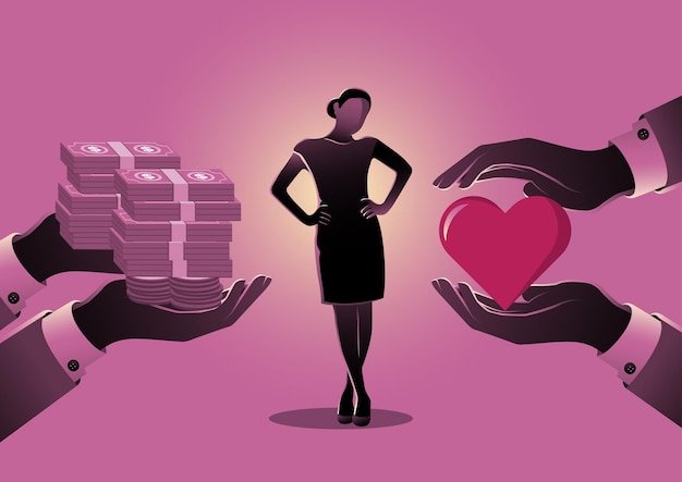 An illustration of a woman choosing between love or money