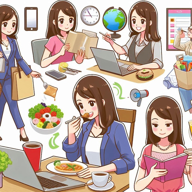 Illustration of a woman doing various daily activities eating working shopping studying