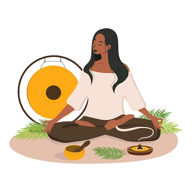 Vector an illustration of a woman doing yoga next to standing incense singing a bowl and a gong