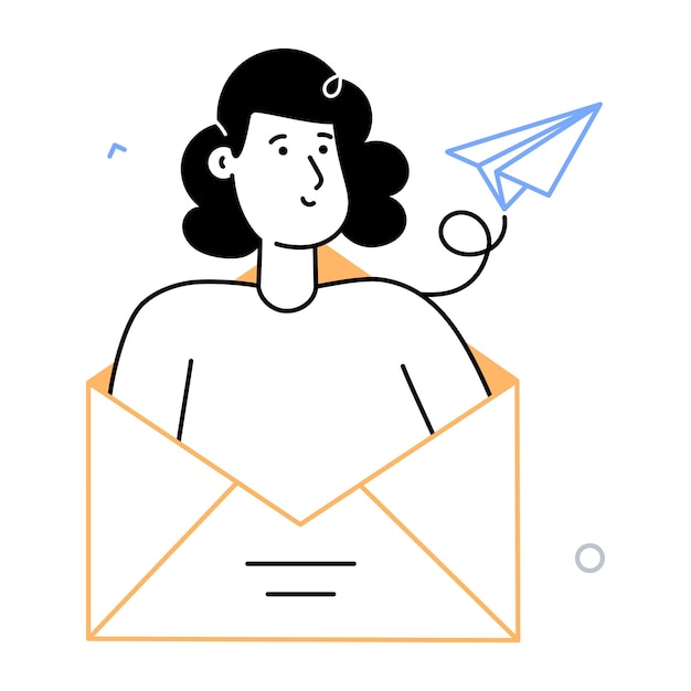 An illustration of a woman in an envelope with a paper plane on it.