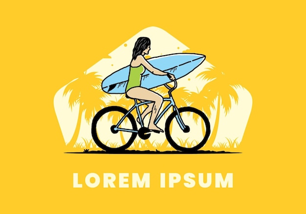 Illustration of a woman going surfing on a bicycle