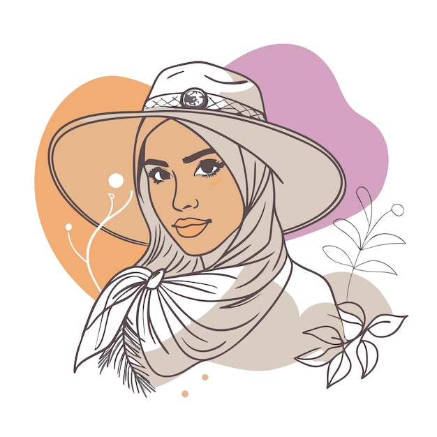 Vector illustration of a woman in a hat with a hijab and floral elements