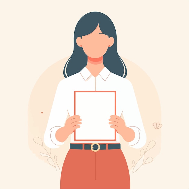 Vector illustration of a woman holding blank paper in a flat design style