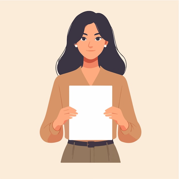 Vector illustration of a woman holding blank paper in a flat design style