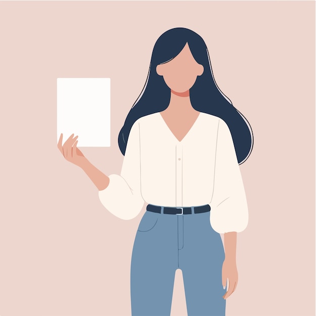 Vector illustration of a woman holding blank paper in a flat design style