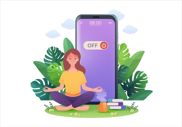 Illustration of woman in lotus pose retreating from social media by turning off smartphone