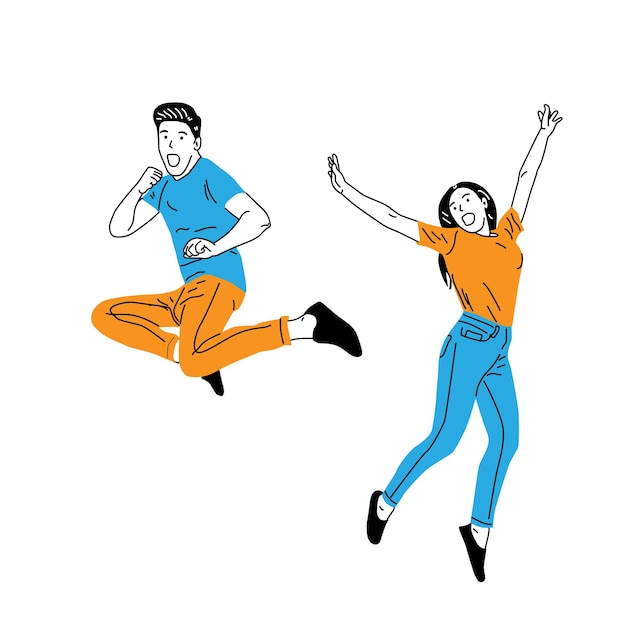 Vector illustration of woman and man jumping happily