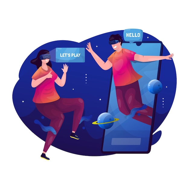 Vector illustration of a woman and man using ai metaverse technology to communicate virtually