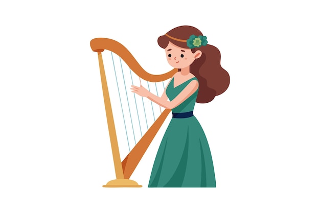 Illustration of a Woman Playing Harp in Green Dress