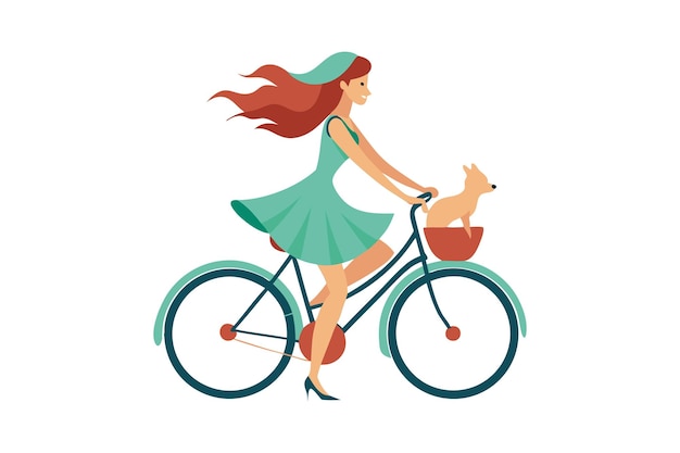 Illustration of a woman riding a bicycle with a dog in the basket enjoying a beautiful day