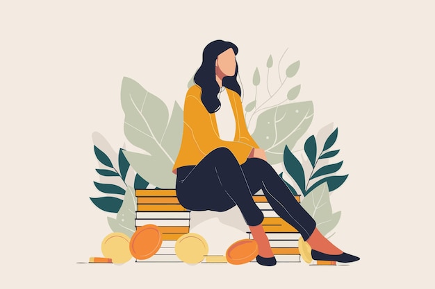 An illustration of a woman sitting on a pile of coins money and finance concept