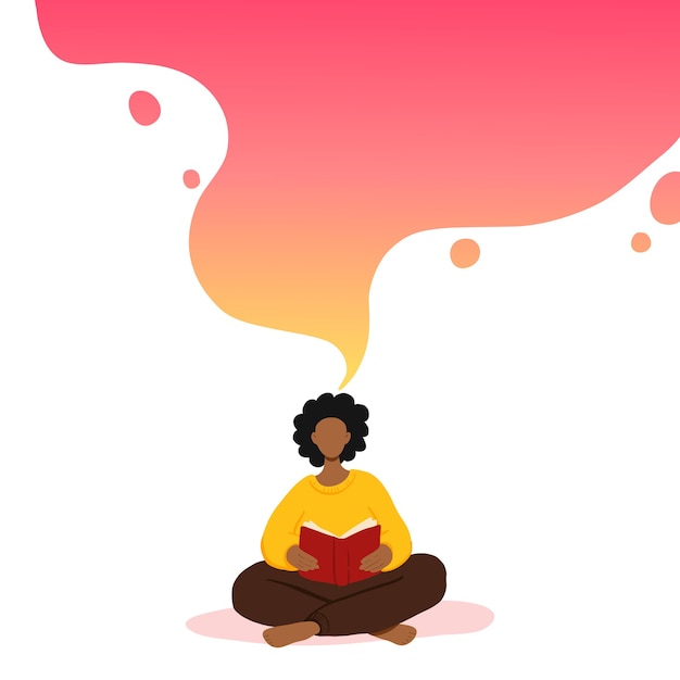 illustration of woman sitting and reading book, dreaming.