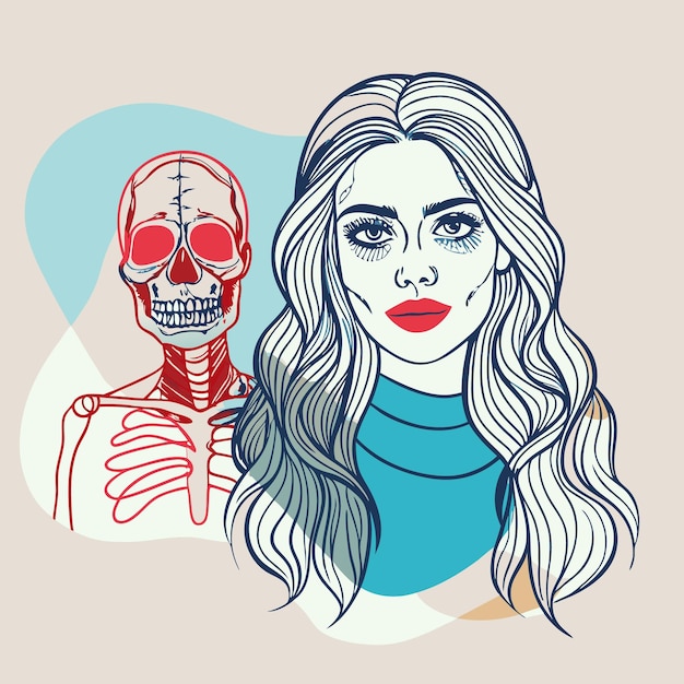 Vector illustration of a woman and a skeleton blending anatomy and beauty