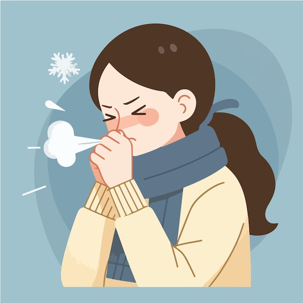 Illustration of a woman sneezing in a flat design style