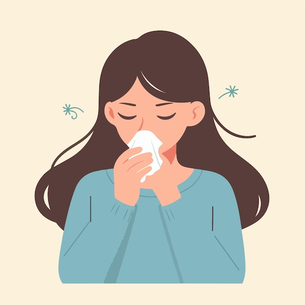 Illustration of a woman sneezing in a flat design style