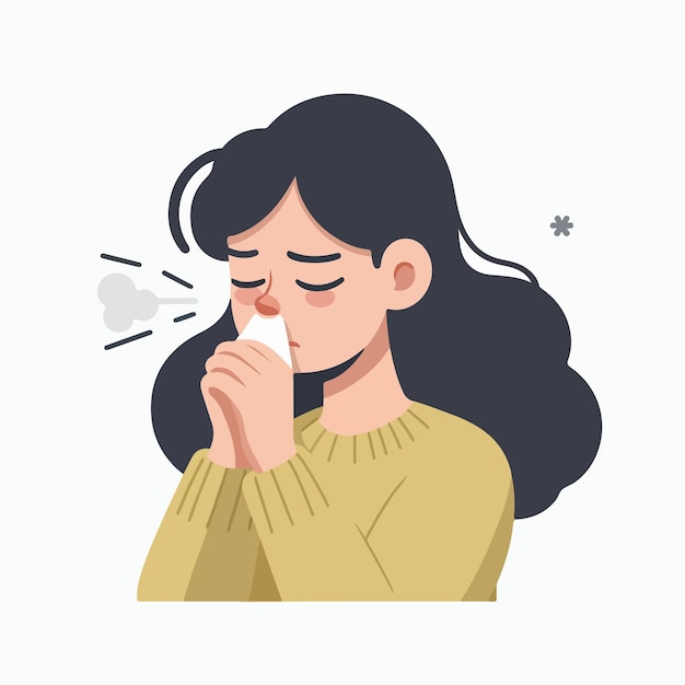 Illustration of a woman sneezing in a flat design style