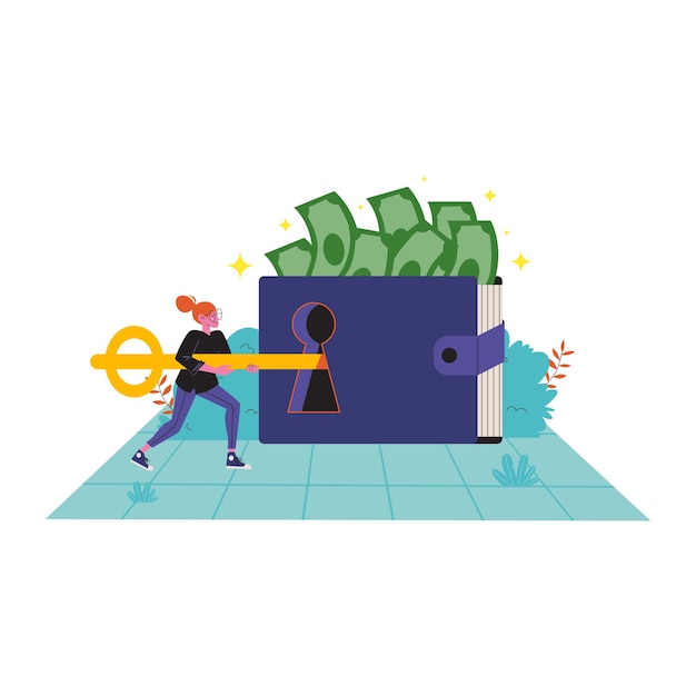 Vector illustration of a woman trying to open a safe containing a lot of money