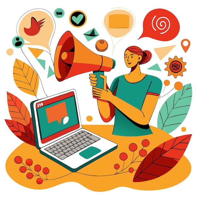 Illustration of a woman using a megaphone next to a laptop