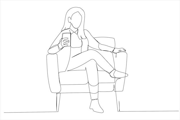 Illustration of woman using smartphone advertising new mobile application texting online sitting in armchair One line art style