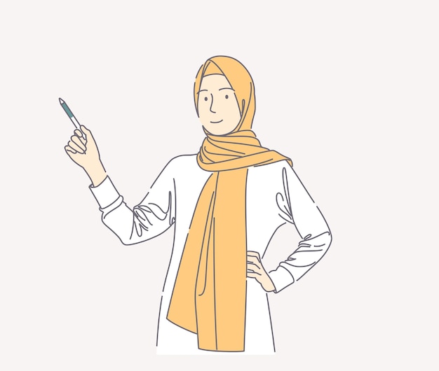 illustration of woman wearing hijab pointing up with pen and looking at the camera hand drawn