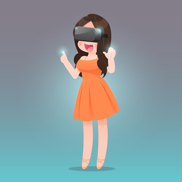 Illustration woman wearing virtual reality device over grey background