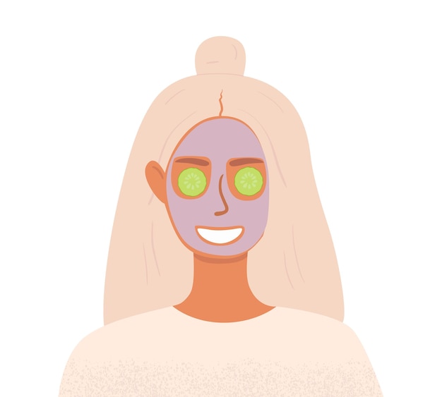 An illustration of a woman with a nourishing mask on her face and cucumbers on her eyes