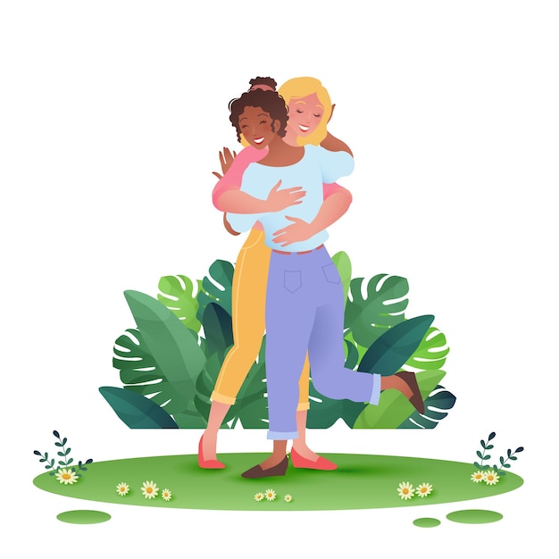 Illustration of women with casual clothes hugging to embrace friendships on white background