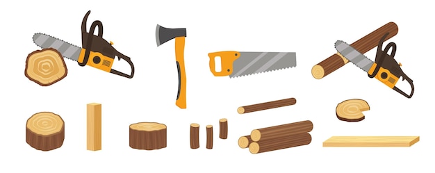 Vector the illustration of wood and tools for cutting wood saws ax chainsaw