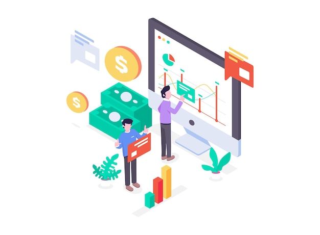  Illustration Workers doing FInancial Analysis with diagram cash flow money dollar profit and loss isometric flat design style